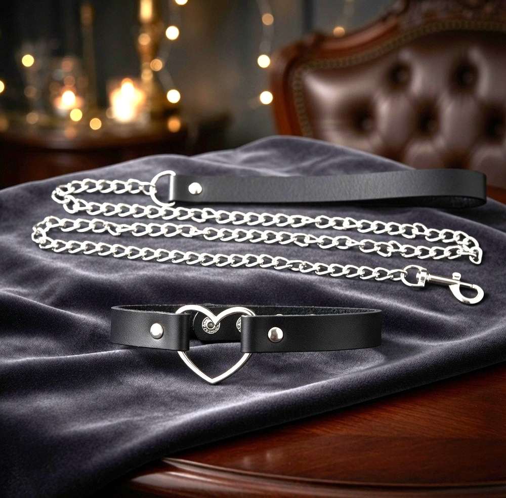 Black Faux Leather Heart Choker Collar Silver Chain Leash Set Goth Punk NIP